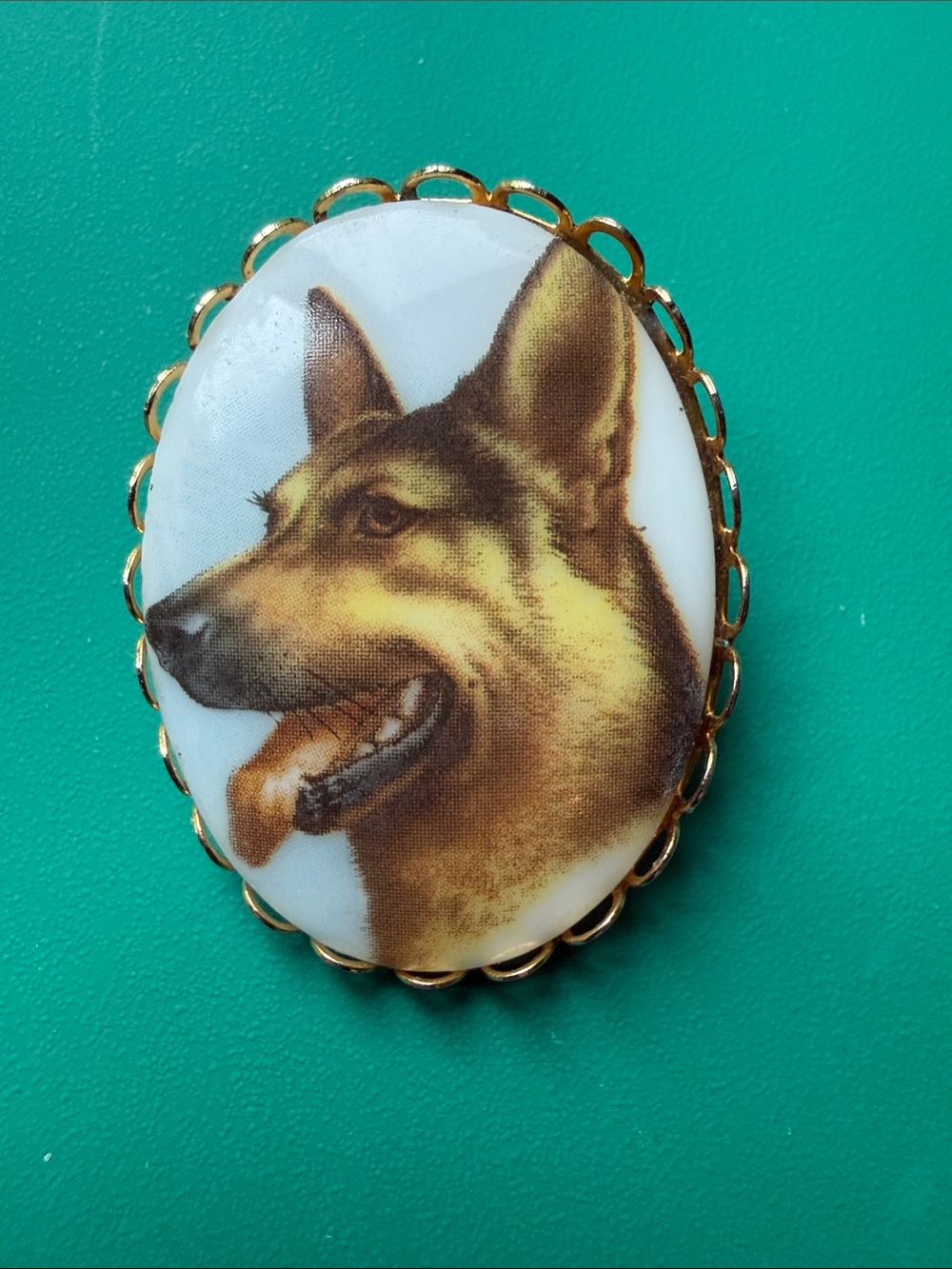 German Shepherd Dog Portrait Brooch Pin in Gold and White
